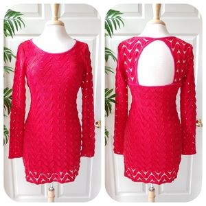 Free People Long Sleeve Scoop Cutout Back Lace Crochet Fitted Dress Pink M